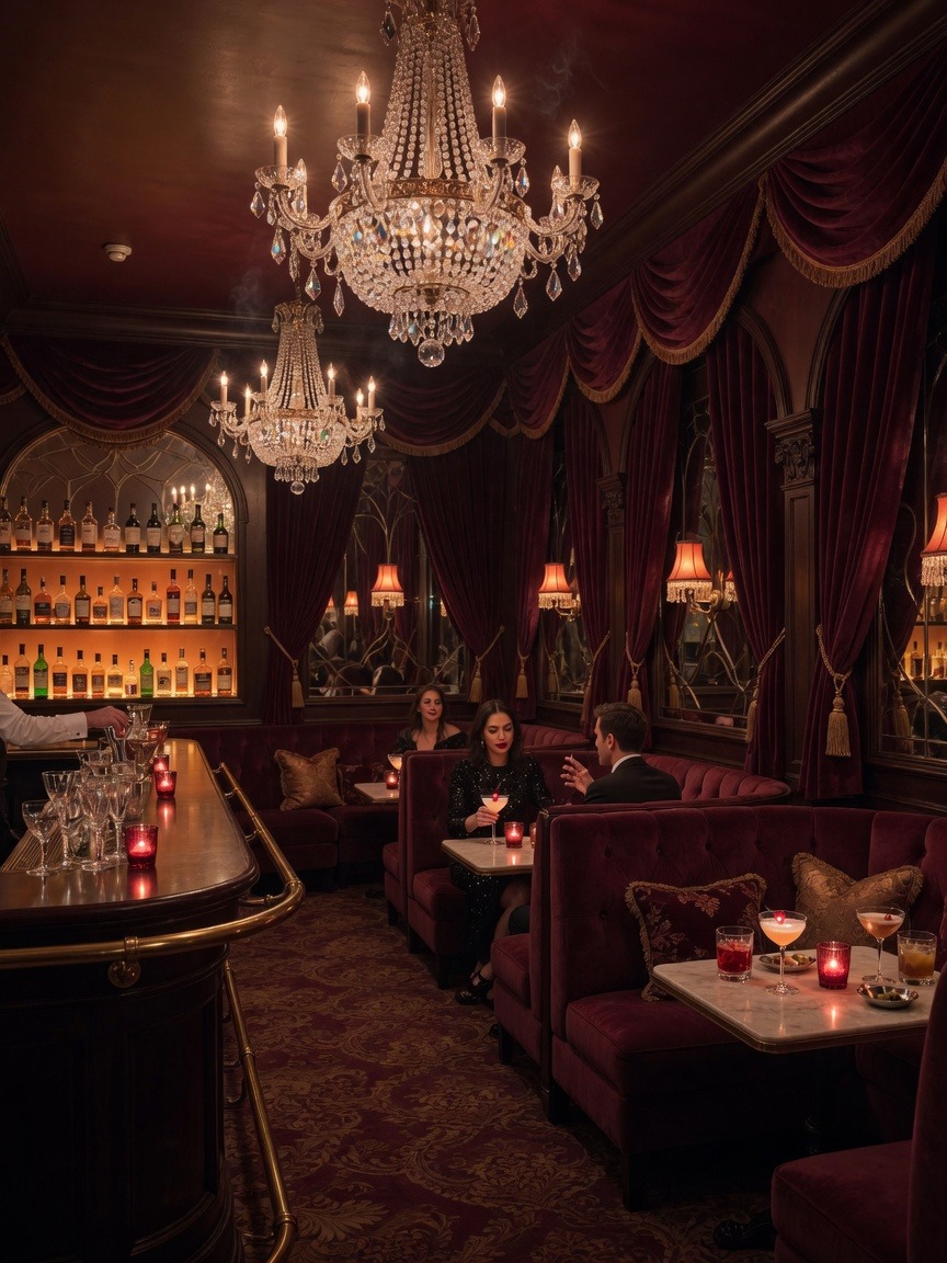 Cocktailkammer med lysekroner og dyp burgunderbelysning